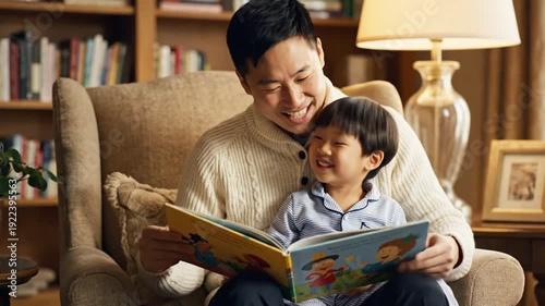 Father reading a storybook to his son at home
