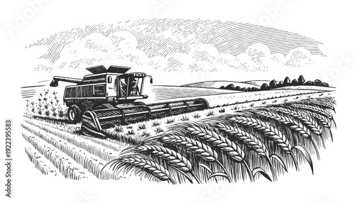 Vintage engraved tractor working on farmland. Detailed black and white hand drawn vector illustration of rural landscape, ideal for agriculture branding.