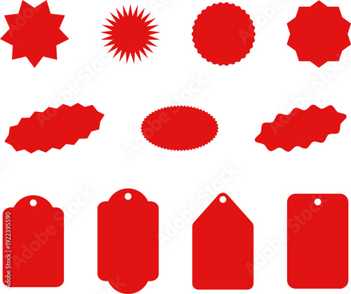 Discount labels, shortcut, special offer price tag, sale labels, discount sticker set. Shopping labels collection. Starburst red sticker set. Supermarket promotional badge. Promo stickers star edges