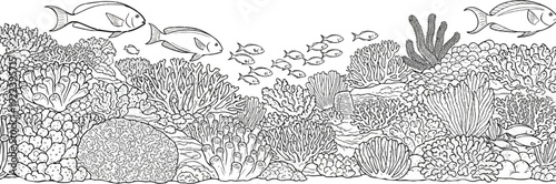 Underwater coral reef scene with various fish swimming among diverse coral formations