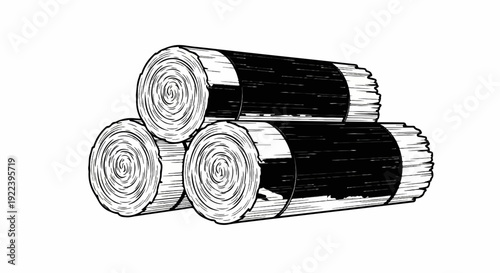Three cylindrical rolled objects stacked in a pile