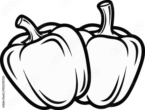 Two stylized bell peppers are shown in a black and white outline drawing