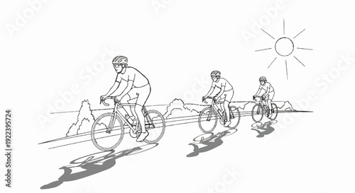 Three cyclists ride in formation under a bright sun on a scenic road