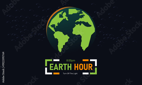 Earth Hour, March 28 Vector, Earth Bulb Switch Off, Blue Ribbon Awareness Poster, Flat Design Climate Change Energy Saving Planet Banner Illustration Stock Graphic