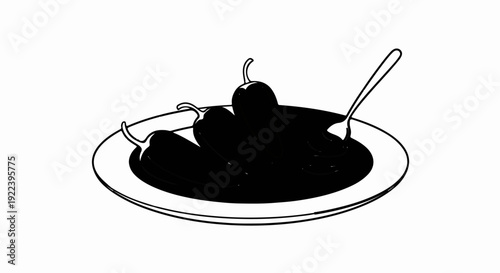 Three dark peppers swimming in a pool of dark liquid on a white plate