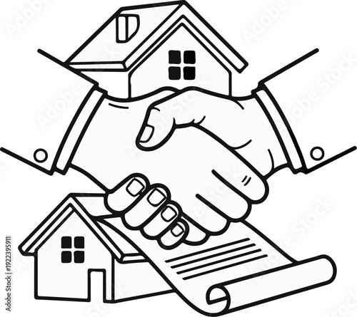Two hands shaking above a house and document, symbolizing agreement