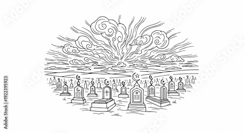 Sunrise over a cemetery with diverse tombstones and cloudy skies