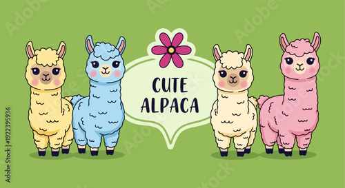 Four Adorable Cartoon Alpacas Standing Together.