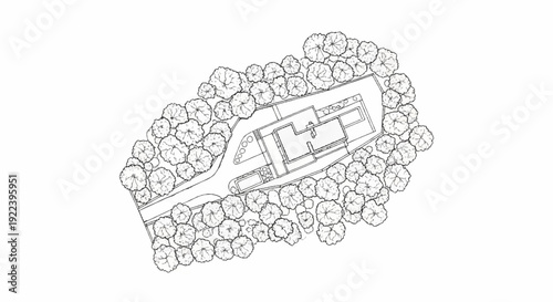 Top-down sketch of a modern house surrounded by lush trees and a driveway