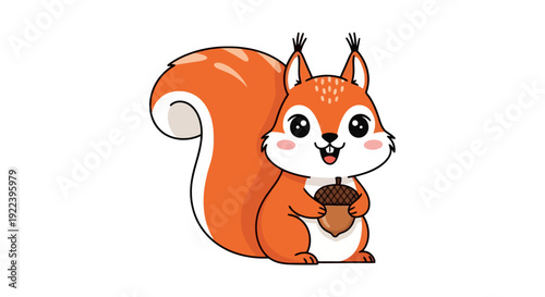 Cute cartoon squirrel holding an acorn with a fluffy tail.