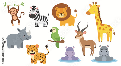 Collection of African Safari Animals in Cartoon Style.