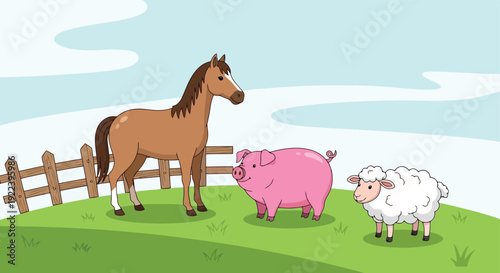 Farm animals horse pig sheep standing together on green grass.