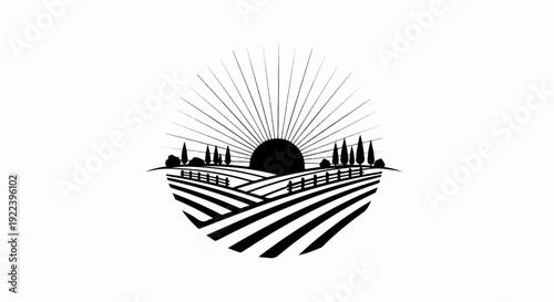 Sunrise over a stylized cultivated landscape with rows and trees