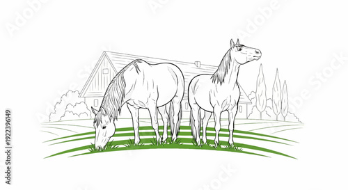 Two horses grazing in front of a rustic farmhouse with trees