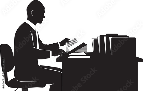 Businessman in silhouette illustration managing documents on desk in transparent background vector