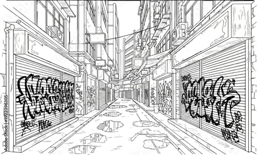 Urban alley with graffiti-covered shops and puddles