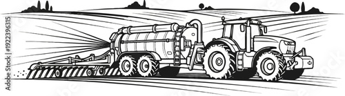 Tractor spraying liquid fertilizer on a field under a stylized landscape