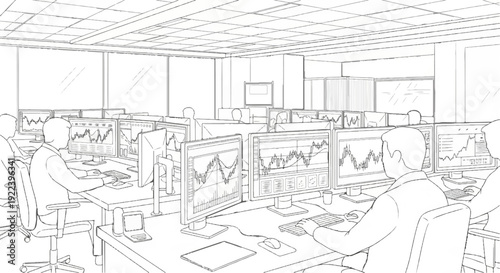 Trading floor with multiple traders at desks, analyzing financial charts on screens