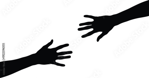 Black silhouette of two reaching hands, human connection support help concept illustration isolated on white background minimal design