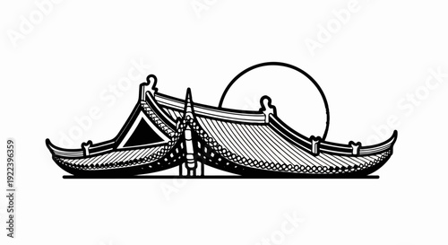 Traditional Asian pagoda roof with sun in the background