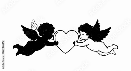 Two cherubs, one dark, one light, hold a heart together