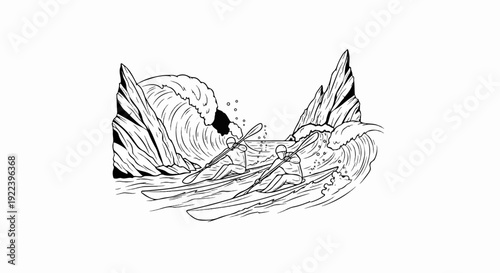 Two kayakers navigate turbulent waters between rocky formations