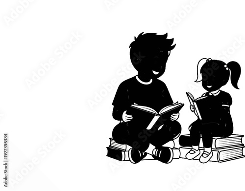 Two children happily reading books while sitting on stacks of books