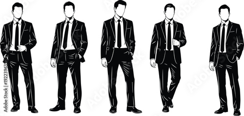 Business men in suit silhouette set, professional corporate fashion black and white vector illustration isolated background