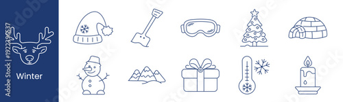 Winter set icon. Collection with knit hat, shovel, ski goggles, decorated tree, igloo, snowman, mountains, gift box, thermometer snowflake, candle.