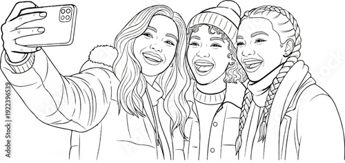 Three diverse friends taking a happy selfie in winter clothing