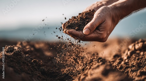 Close up of hands pouring dark fertile soil on a farm field at sunset
