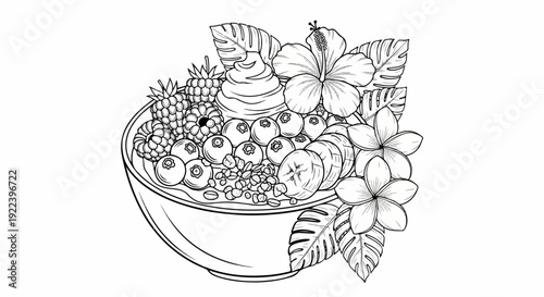 Vibrant tropical fruit bowl overflowing with berries, bananas, and exotic flowers
