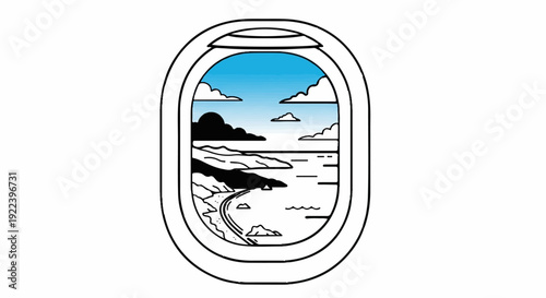 View of a coastal landscape through an airplane window