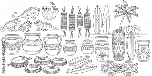 Tribal art collection iguanas, pottery, masks, surfboards, and tropical elements