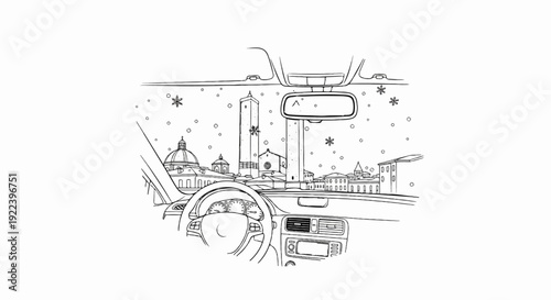 View of cityscape from inside a car during a snowfall