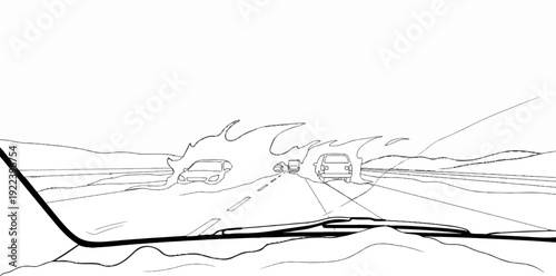 View through windshield of cars on a road with abstract, wavy lines in the sky