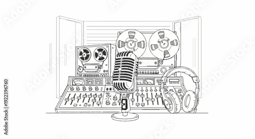 Vintage audio recording equipment with a microphone and headphones