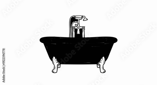 Vintage black clawfoot bathtub with a detailed faucet and showerhead