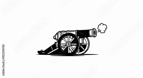 Vintage cannon firing smoke, black and white illustration