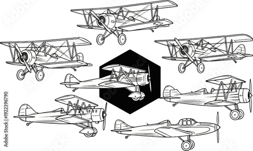 Vintage aircraft collection biplanes and monoplane illustrations