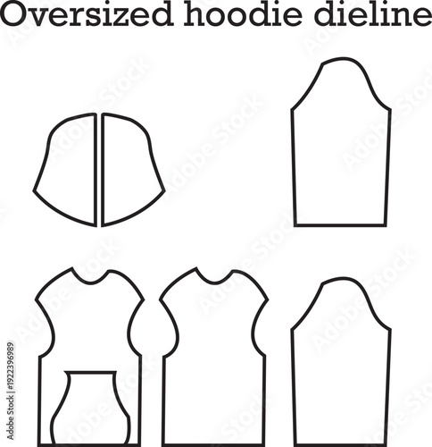 Technical oversized hoodie sewing pattern dieline with hood sleeves and body panels vector illustration