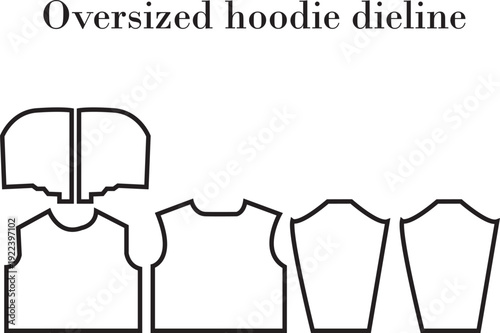 Oversized hoodie sewing pattern dieline with hood sleeves and body panels technical illustration