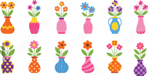 Colorful flower vase collection, cute cartoon floral arrangements isolated on white background decorative vector illustration set
