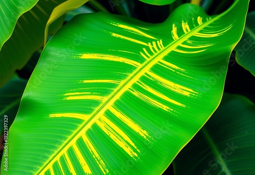Large, vibrant green banana leaf with striking yellow variegation,  wallpaper,  leaf