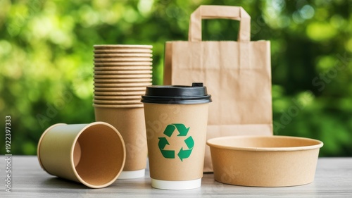 Eco-friendly takeaway food packaging set with paper cups, bag, and bowl on outdoor background