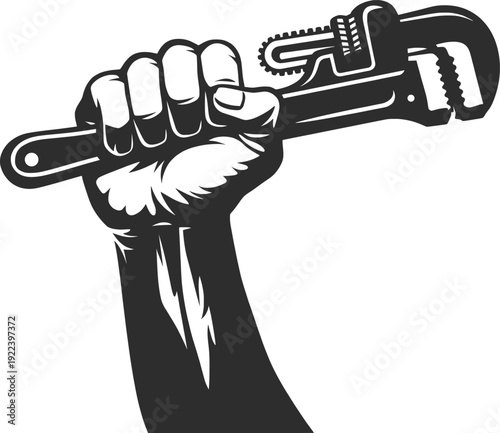Black and White Raised Fist Holding Wrench Vector Illustration.