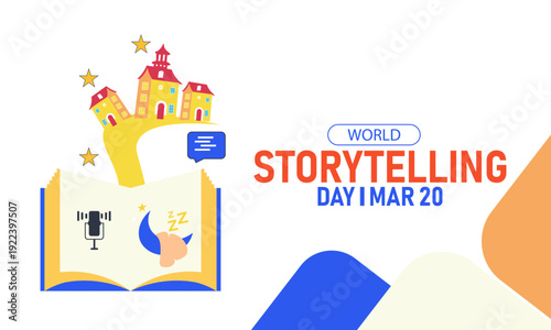 World Storytelling Day, March 20 Vector, Open Book Microphone Crowd, Blue Ribbon Awareness Poster, Flat Design Oral Tradition Narrative Art Banner Illustration Stock Graphic