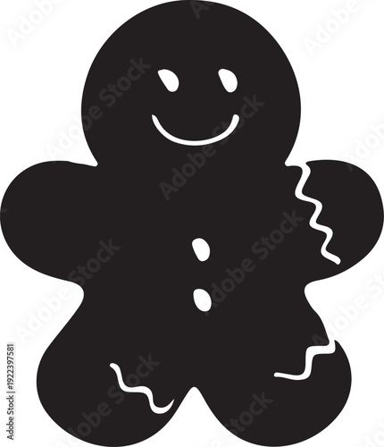 A smiling black gingerbread man with a broken arm
