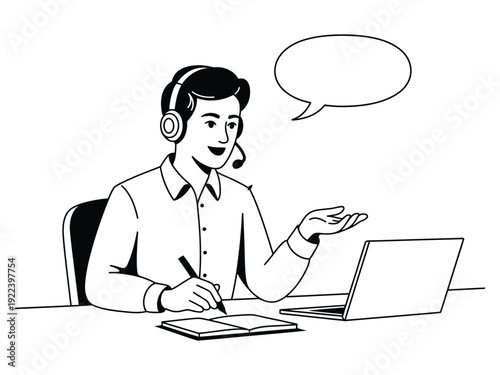 A customer service representative wearing a headset and working on a laptop