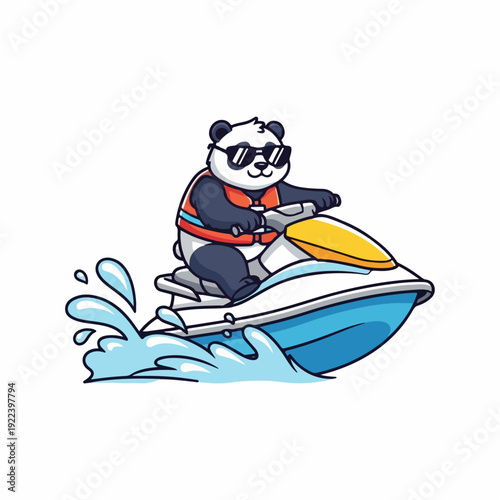 cartoon illustration of a panda playing jet ski